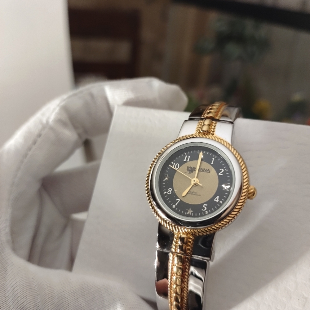Luxurious Montana Time Cuff Hinged Watch in Silver & Yellow Gold Color MT812G.